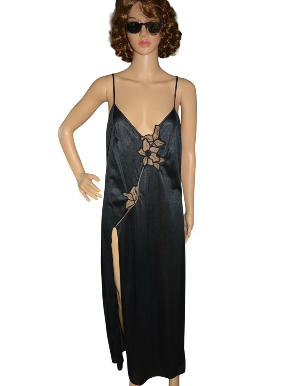 Vintage 80s Black Vamp Nightgown Dress Negligee Thigh High Slit Mesh Flower Inse